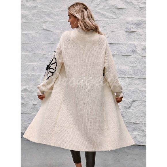 Off White Long Duster Cardigan Knit Black Flower Appliqué - Picture 4 of 10